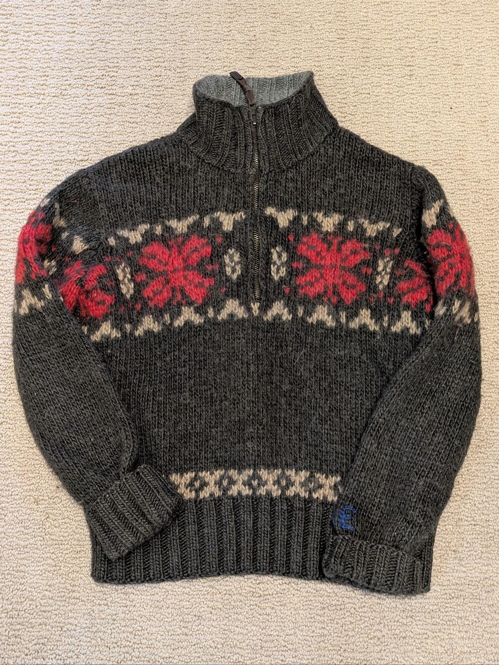 American Eagle Men’s L Gray Wool Half‑Zip Sweater Red Beige Nordic Winter Knit
